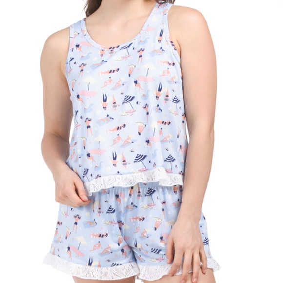 PJ COUTURE 2pc Women’s Large Beach Print Ruffle Pajama Set - Picture 1 of 9